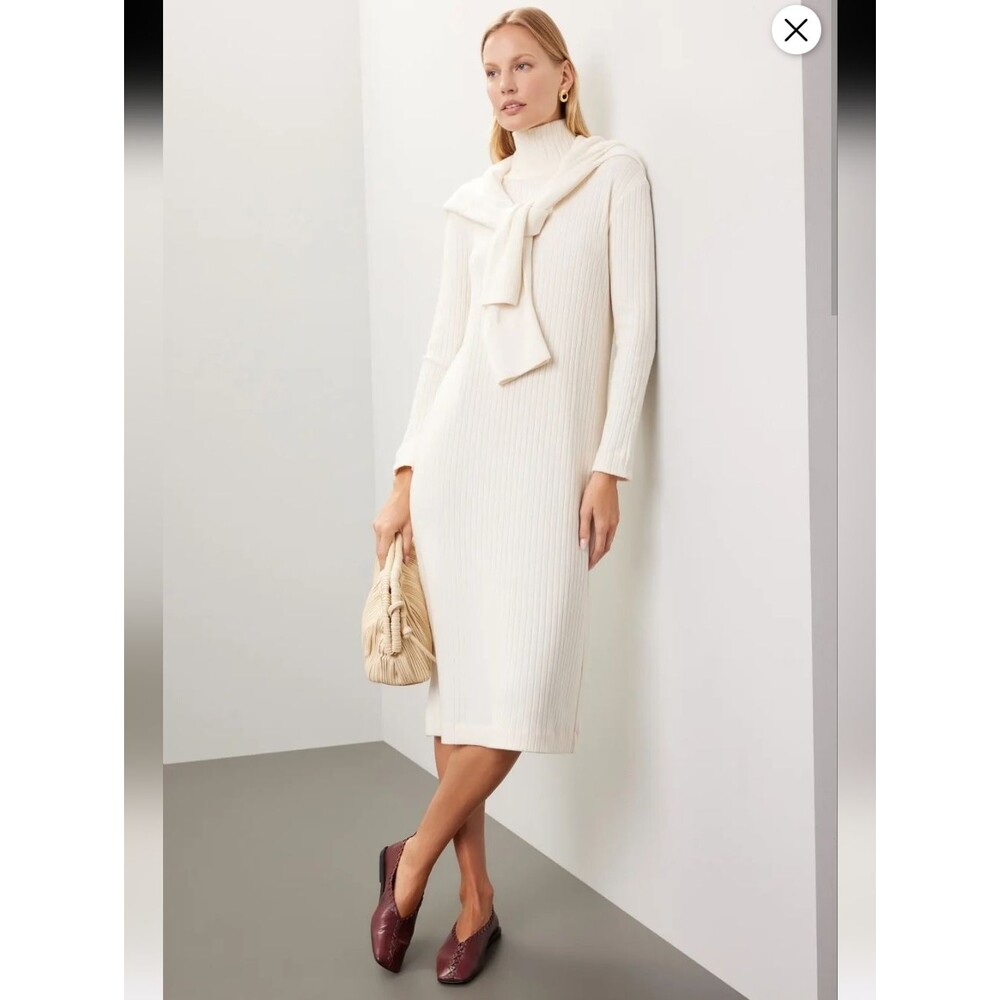 Donni White Rib Midi Long Sleeve Dress Size M